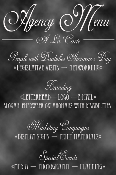 Old fashion looking menu chalk board with People with Disabilities, Branding, Marketing and Special events on the menu
