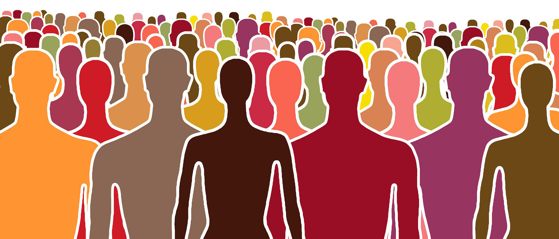 computer-generated illustration of different color silhouette multiple people.